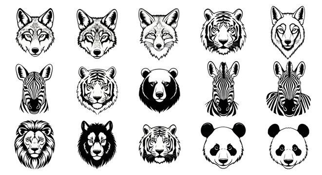 Detailed illustration of 15 animal faces including wolf tiger zebra bear lion and panda in black and white on a white background