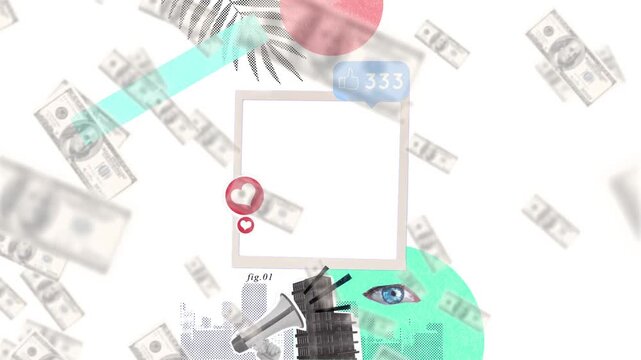 Black square appearing collage assembling hearts popping likes rising cash drifting showing growth