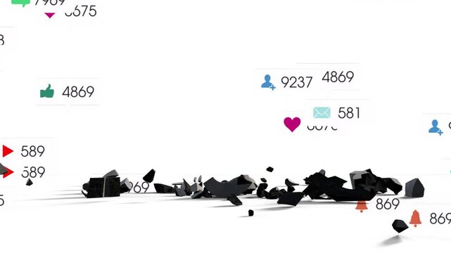 Black 3D dollar sign toppling and shattering after subtle tilt, showing social metrics drifting