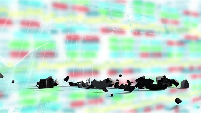 Dropping 3D dollar hitting plane exploding into debris while charts animating to show market shock