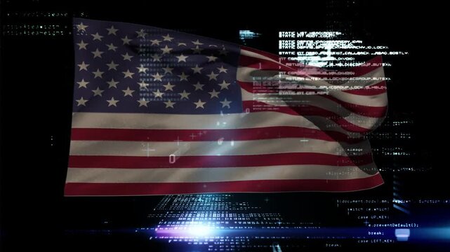 Blue-purple flare pulsing, starting wind; American flag waving as code cascading, showing data flow