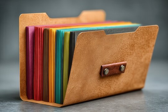 Leather file organizer with colorful paper inserts on desk