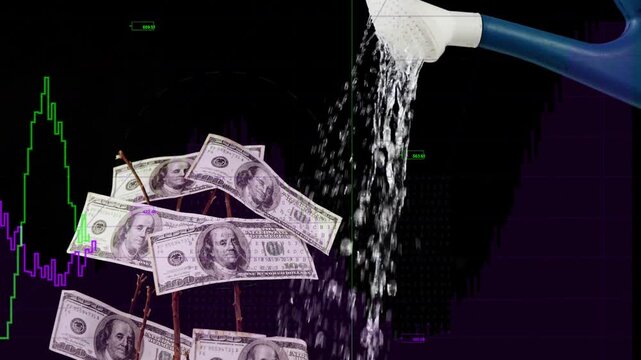 Watering can entering top-right pouring, money tree bills shifting, charts growing, showing gains