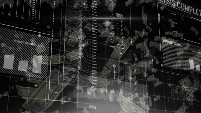 Faint grid activating, HUD panels scanning while floating banknotes drifting to show analysis done