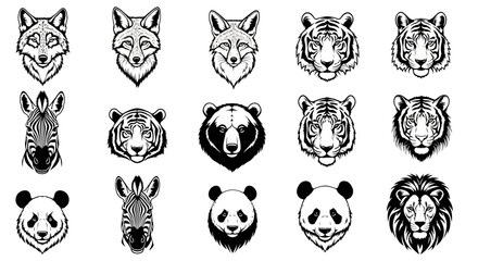 Detailed black and white illustrations of various wild animal heads including wolf tiger zebra bear panda and lion on plain background © Pabitra