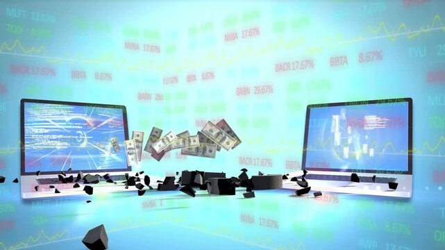 Pound symbol dropping, left laptop ejecting banknotes forming floating chain showing currency flow
