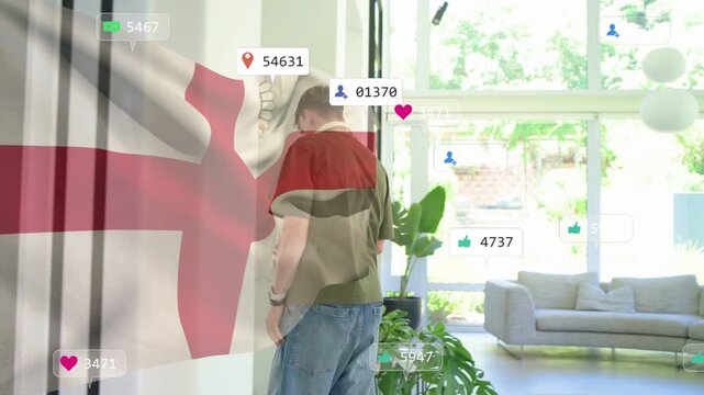Youth arriving door sparking flag overlay and reactions checking phone adult guiding for marketing