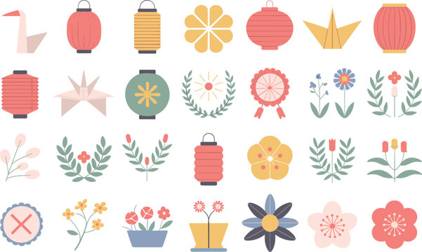 Asian inspired collection of lanterns, origami, and various floral elements on white background