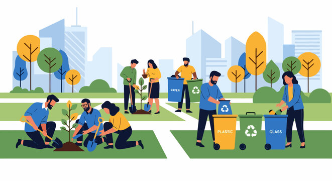 Community volunteers planting trees and recycling for a greener city.