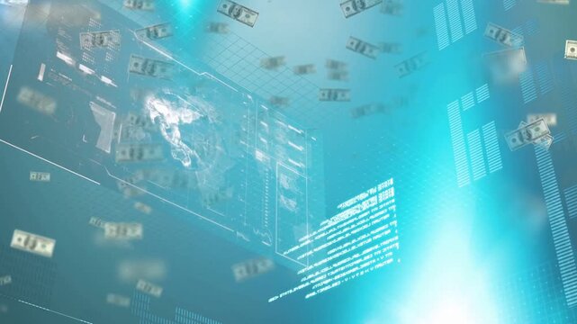 Bright central flare initiating reveal, holographic panel rotating to center, banknotes drifting