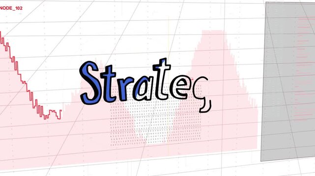 Letter S appearing, Strategy word drawing left-to-right, filling blue and shifting focus to charts