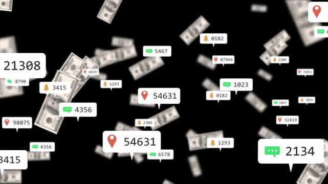 Black void opening, dollar bills and notification tags drifting, rotating, visualizing money flow
