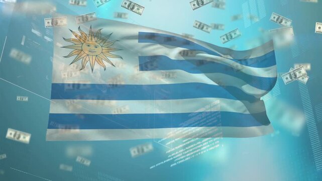 Gust starting, blue white flag gold sun billowing while notes floating and HUD visualizing markets
