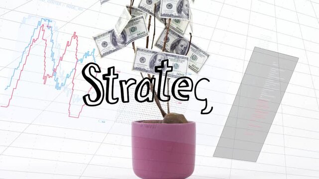 Letter S appearing plant growing money leaves letters forming Strategy charts rising showing growth