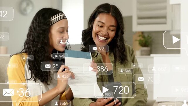 Mother-daughter opening mail on sofa, checking cell while viewing social overlays to confirm buzz