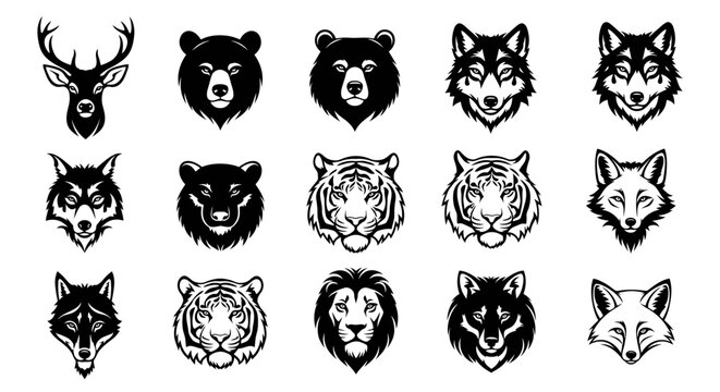 Collection of black and white animal head illustrations wildlife icons deer bear wolf tiger lion vector graphics