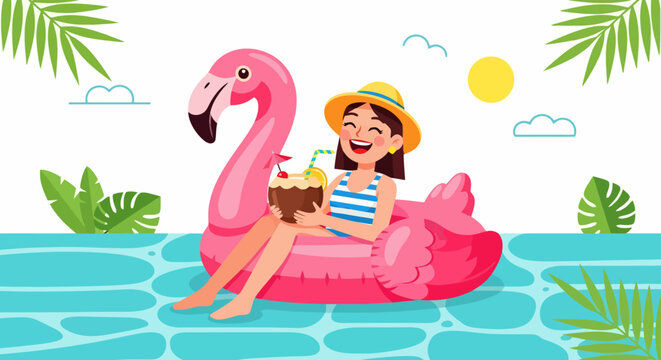 Happy woman enjoying a refreshing drink on a pink flamingo float in a swimming pool.