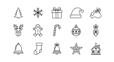 Collection of christmas icons including tree snowflake gift hat bell reindeer gingerbread man candy cane ornament stocking star and church © Pabitra