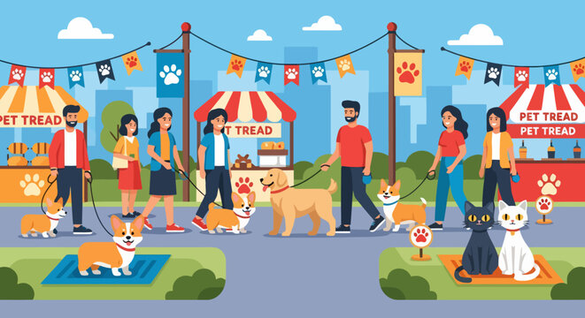 People and their pets enjoying a vibrant outdoor pet festival.