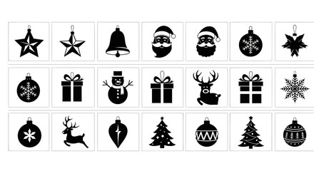Collection of black and white christmas icons including ornaments santa reindeer gifts and snowflakes © Pabitra