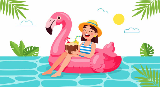 Young woman enjoying a refreshing drink on a flamingo float in a swimming pool.
