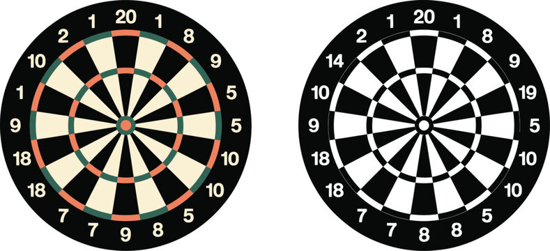 Dartboard icon, colorful target board with darts and twenty segments for sports competition accuracy goal aiming and game symbol design