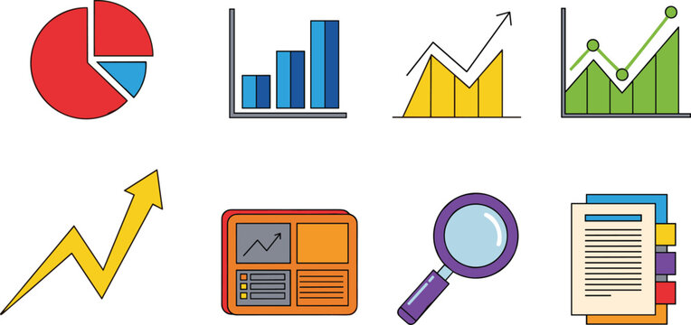 Colorful Business Data Analytics Icon Set with Pie Chart, Bar Graph, Line Chart, Growth Arrow, Dashboard, Magnifier, and Report Document for Finance and Marketing Design Templates