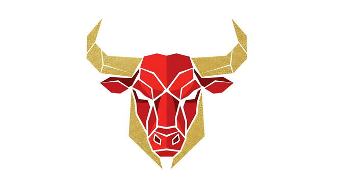 Geometric stylized bull head illustration, abstract red and gold bull icon, zodiac sign taurus symbol