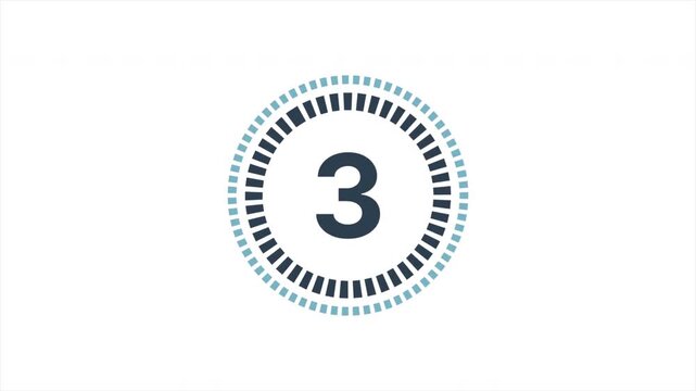Five second countdown timer animation with rotating circular dashed borders on white background, motion graphic, digital clock, number sequence, start, time 4k video