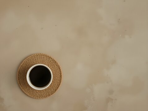 Flat Lay Aesthetic Ceramic Coffee Cup on Woven Coaster