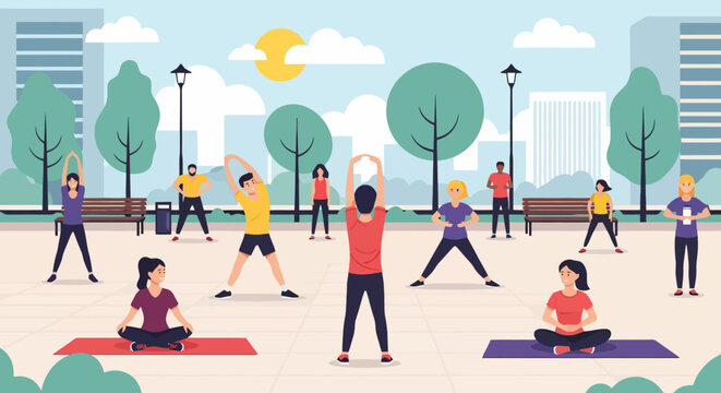 Diverse group of people exercising outdoors in a park setting.