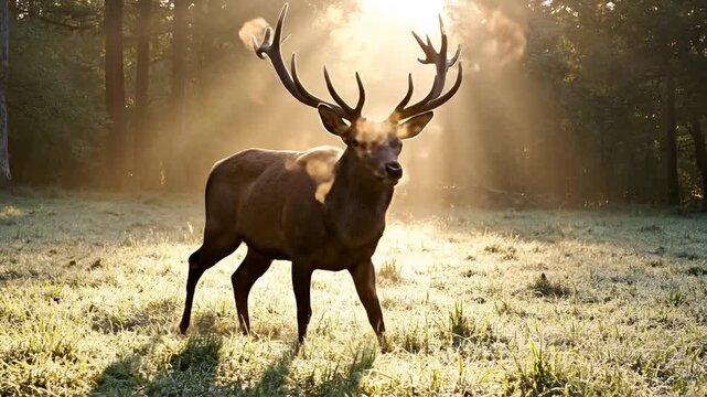 Majestic Stag Grazing in Sunlit Forest Clearing at Dawn.