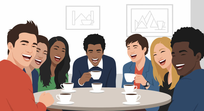 Diverse Group of Friends Laughing and Enjoying Coffee Together.