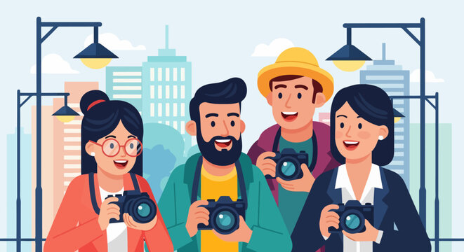 Diverse group of friends holding cameras ready to capture moments.
