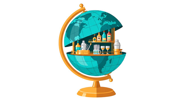 Vintage globe bar with alcohol bottles and glasses inside, open world map sphere for drinks storage