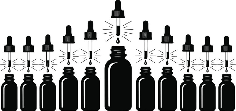 Essential oil bottles, glass dropper container silhouettes on white background for organic cosmetic wellness skincare aromatherapy and natural product branding design