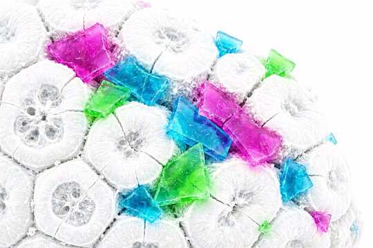 Nanoplastic fragments on lung epithelial cells SEM false color