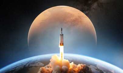 Powerful space rocket launch above planet Earth with Mars in the background. Futuristic space exploration, aerospace technology. Elements of this image furnished by NASA. © Tryfonov