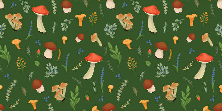 Forest mushrooms, berries, herbs. Forest gathering. Seamless pattern. Vector design