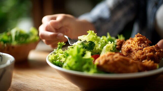 A person eating a salad with fried chicken, focus on the food with a hand using a fork
