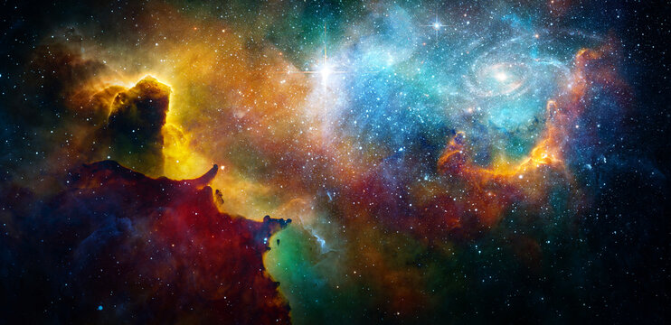 A view from space to a galaxy and stars. Universe filled with stars, nebula and galaxy,. Panoramic shot,. Elements of this image furnished by NASA.