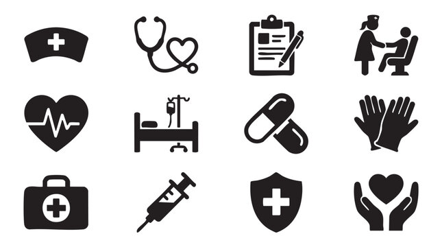 Collection of black medical and healthcare icons representing healthcare services equipment and symbols of wellness including a nurse cap stethoscope clipboard patient care heartbeat hospital bed