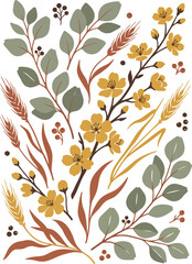 Botanical illustration of yellow flowers and green leaves with white background flat design graphic resource hand drawn botanical eucalyptus decorative isolated illustration stylized © Eps World