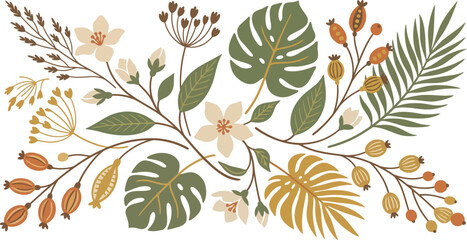 Bohemian botanical illustration with delicate flowers and tropical leaves hand drawn botanical illustration monstera tropical bohemian decorative invitation greeting scrapbook isolated © MST SUMAIYA