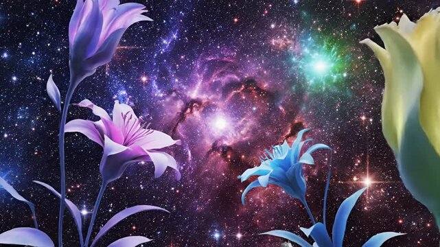 Surreal Cosmic Flowers Blooming in Nebula Galaxy Space.