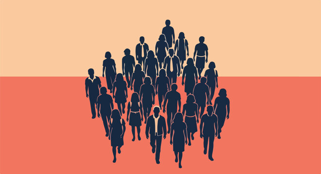 Large group of diverse people silhouettes walking forward in a collective formation, representing unity, teamwork, and community.