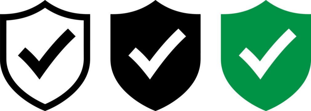 Set of shield icons with check marks isolated on white background