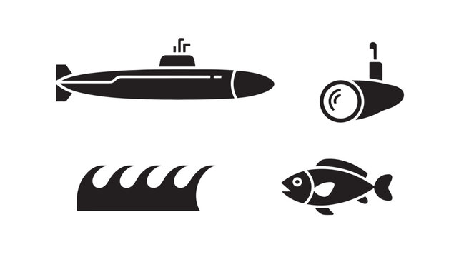 Marine and Military Icons: Submarine, Torpedo, Shark Fin, Fish Symbols