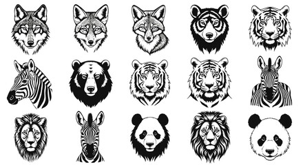 Detailed black and white animal head illustrations wildlife icons set with wolf bear tiger zebra lion panda faces © Pabitra