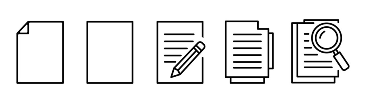 A set of document icons in a line including a folded corner page, blank page, pencil on paper, layered papers, and magnifying glass on documents